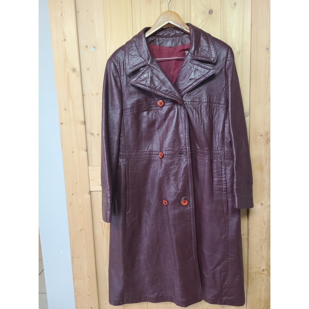 Vintage Leather Trench Coat Women Size 20 Burgundy Fair Double Breasted Long